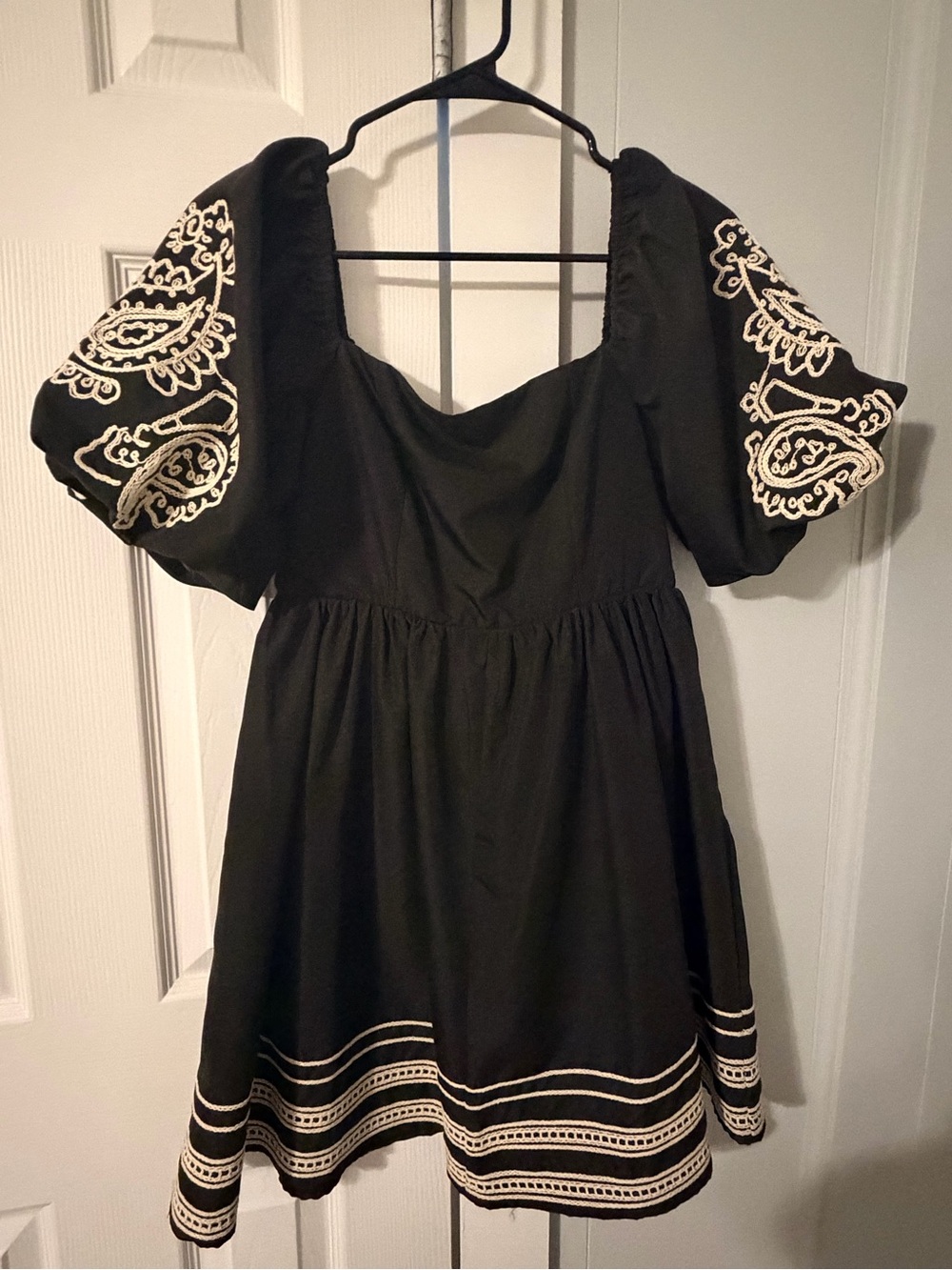 She + Sky Black Mini Dress with Cream Embroidery